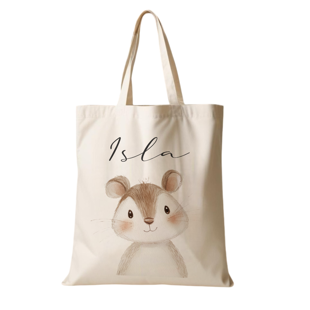 Personalisierter Stoffbeutel für Kinder mit Namen & Waldtier-Motiv Kinderbeutel – Beige Leinenoptik