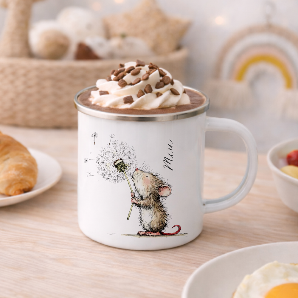 Personalisierte Emaille Tasse für Kinder mit Namen – Süße Maus Motive im Boho-Stil
