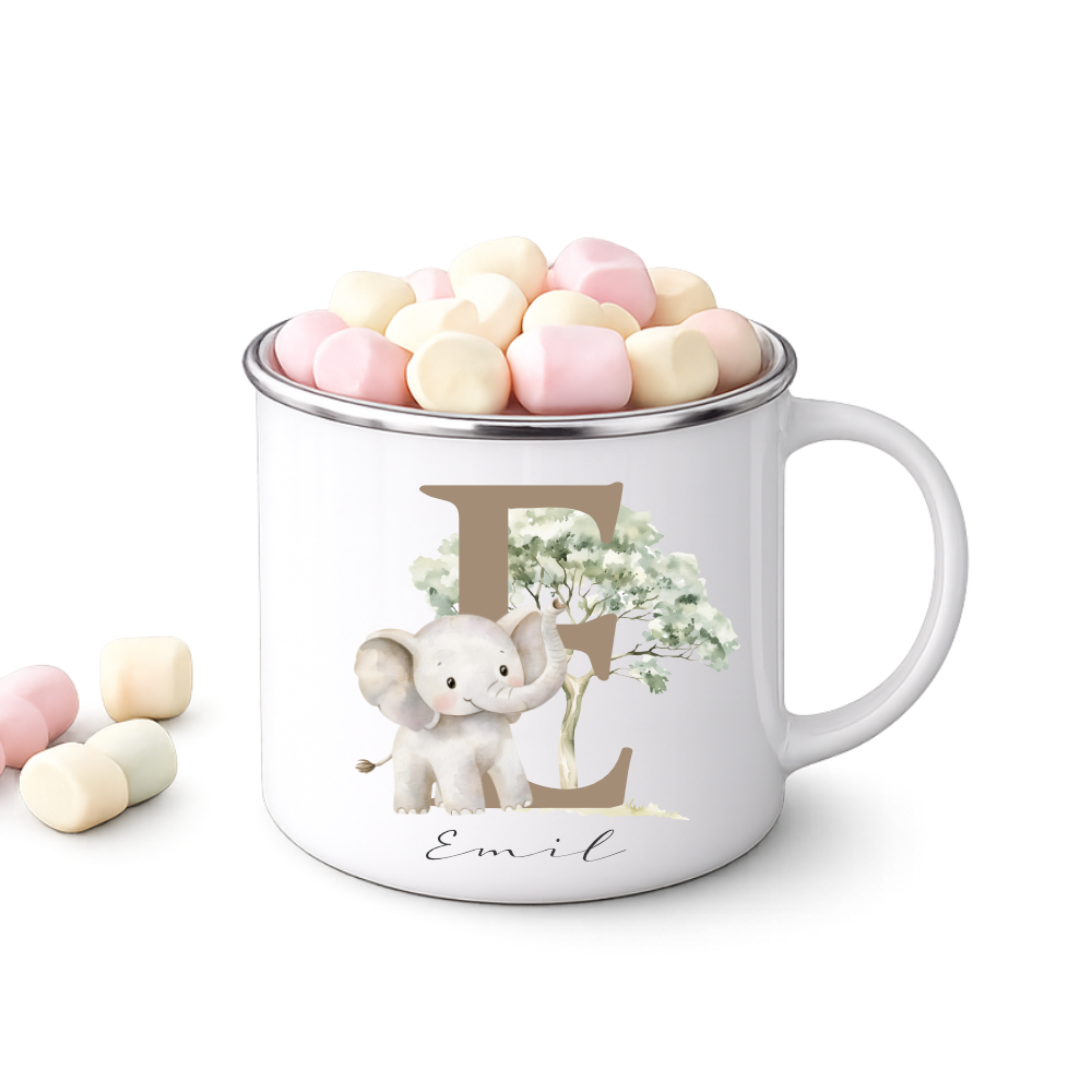 Personalisierte Emaille Tasse mit Namen & Buchstabe – Süße Safari Motive im Boho-Stil – Bruchsicherer Kinderbecher 300ml