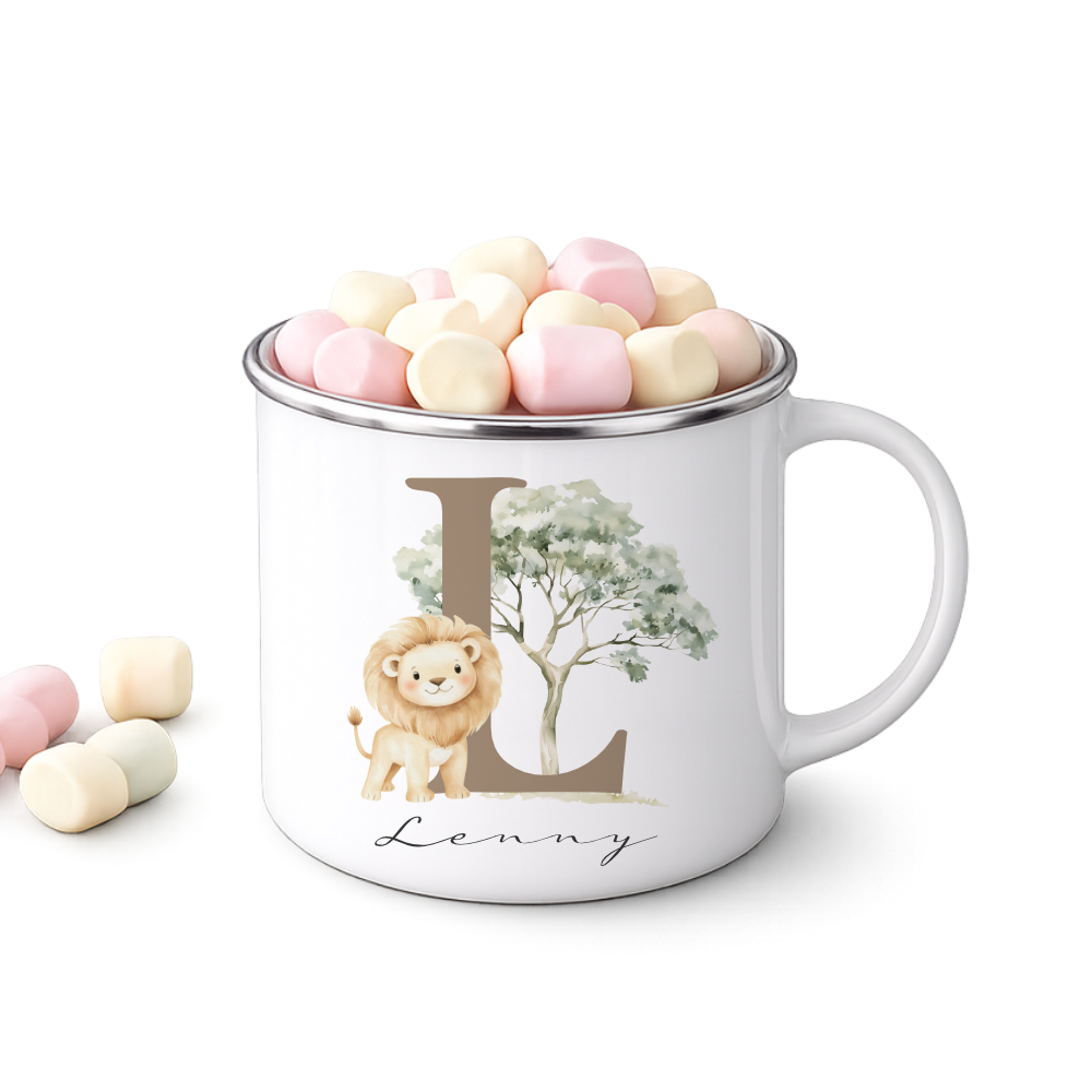 Personalisierte Emaille Tasse mit Namen & Buchstabe – Süße Safari Motive im Boho-Stil – Bruchsicherer Kinderbecher 300ml