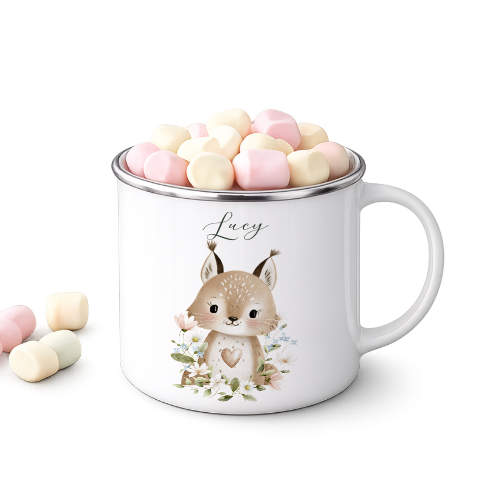Personalisierte Emaille Tasse mit Namen – Süße Waldtiere Motive im Boho-Stil – Bruchsicherer Kinderbecher / Campingbecher 300ml