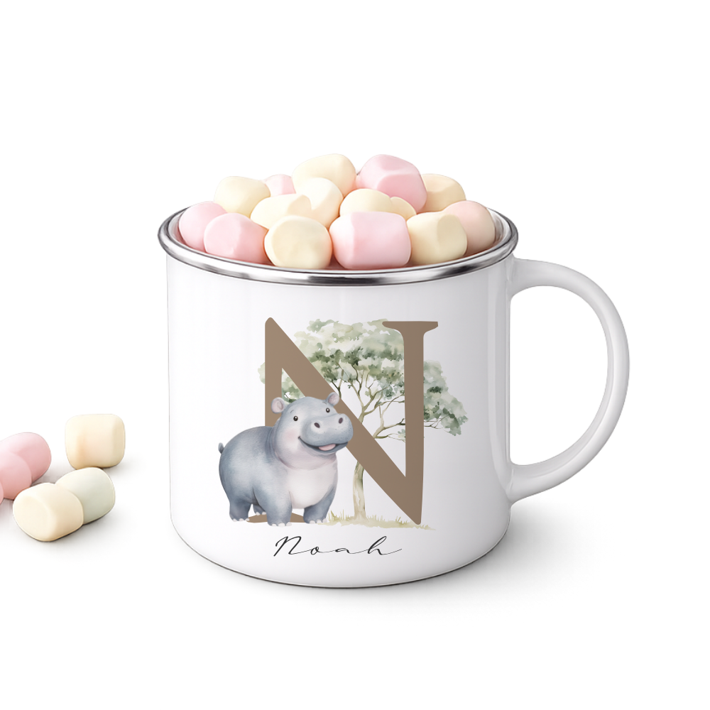 Personalisierte Emaille Tasse mit Namen & Buchstabe – Süße Safari Motive im Boho-Stil – Bruchsicherer Kinderbecher 300ml