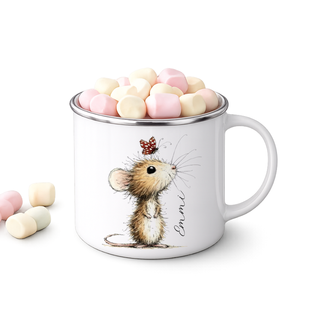 Personalisierte Emaille Tasse für Kinder mit Namen – Süße Maus Motive im Boho-Stil