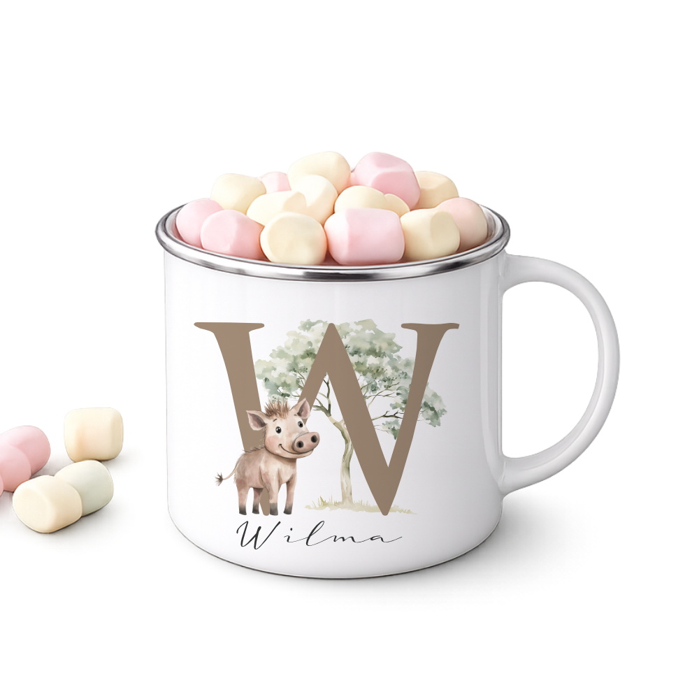 Personalisierte Emaille Tasse mit Namen & Buchstabe – Süße Safari Motive im Boho-Stil – Bruchsicherer Kinderbecher 300ml