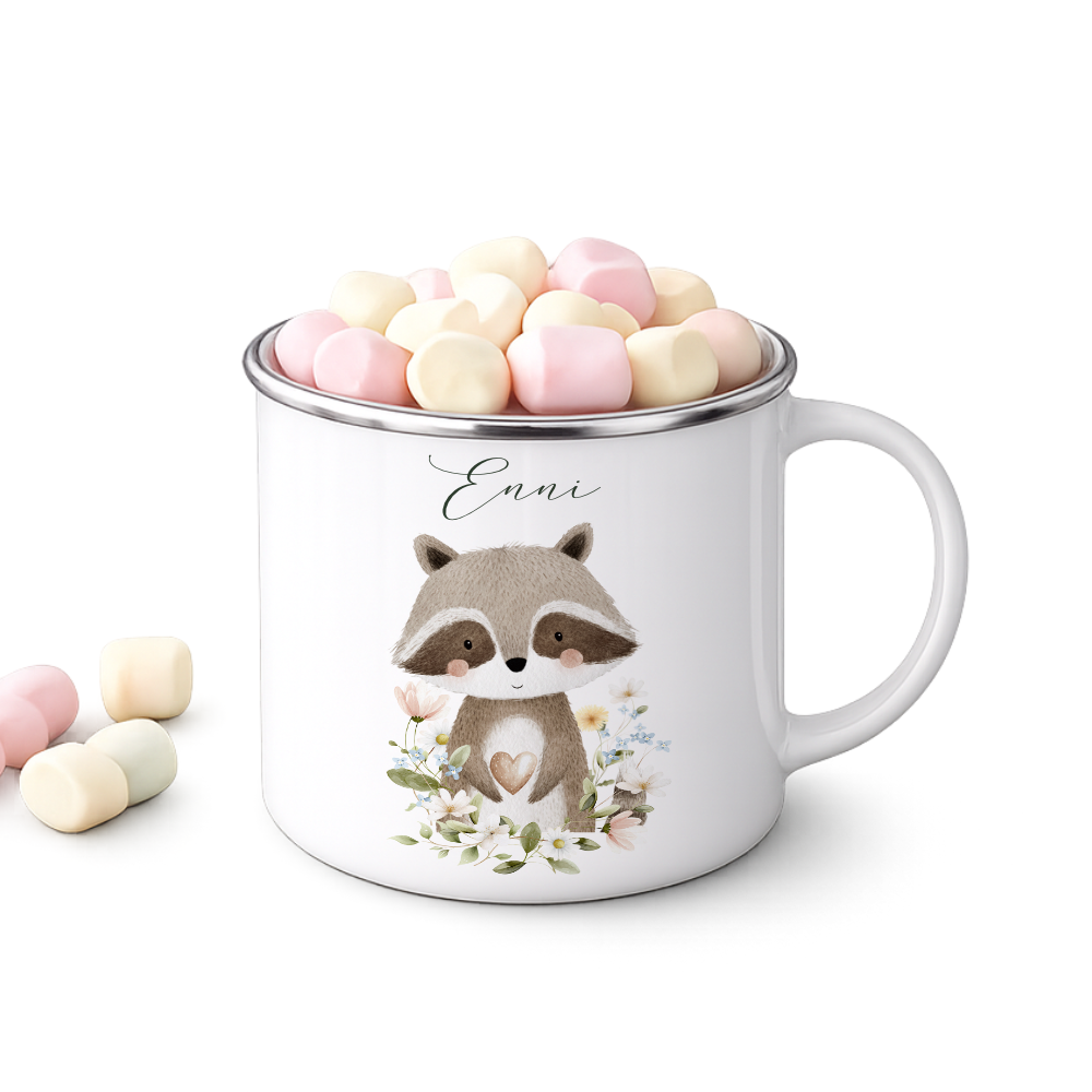 Personalisierte Emaille Tasse mit Namen – Süße Waldtiere Motive im Boho-Stil – Bruchsicherer Kinderbecher / Campingbecher 300ml