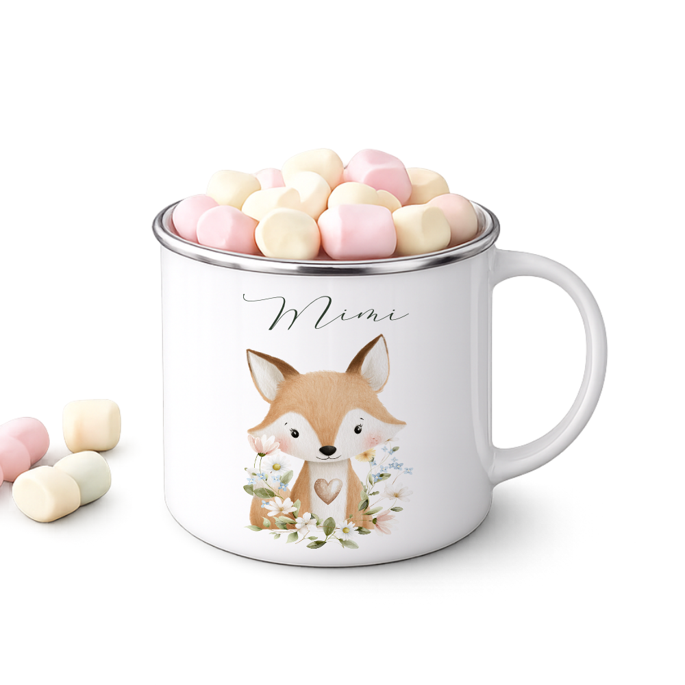 Personalisierte Emaille Tasse mit Namen – Süße Waldtiere Motive im Boho-Stil – Bruchsicherer Kinderbecher / Campingbecher 300ml