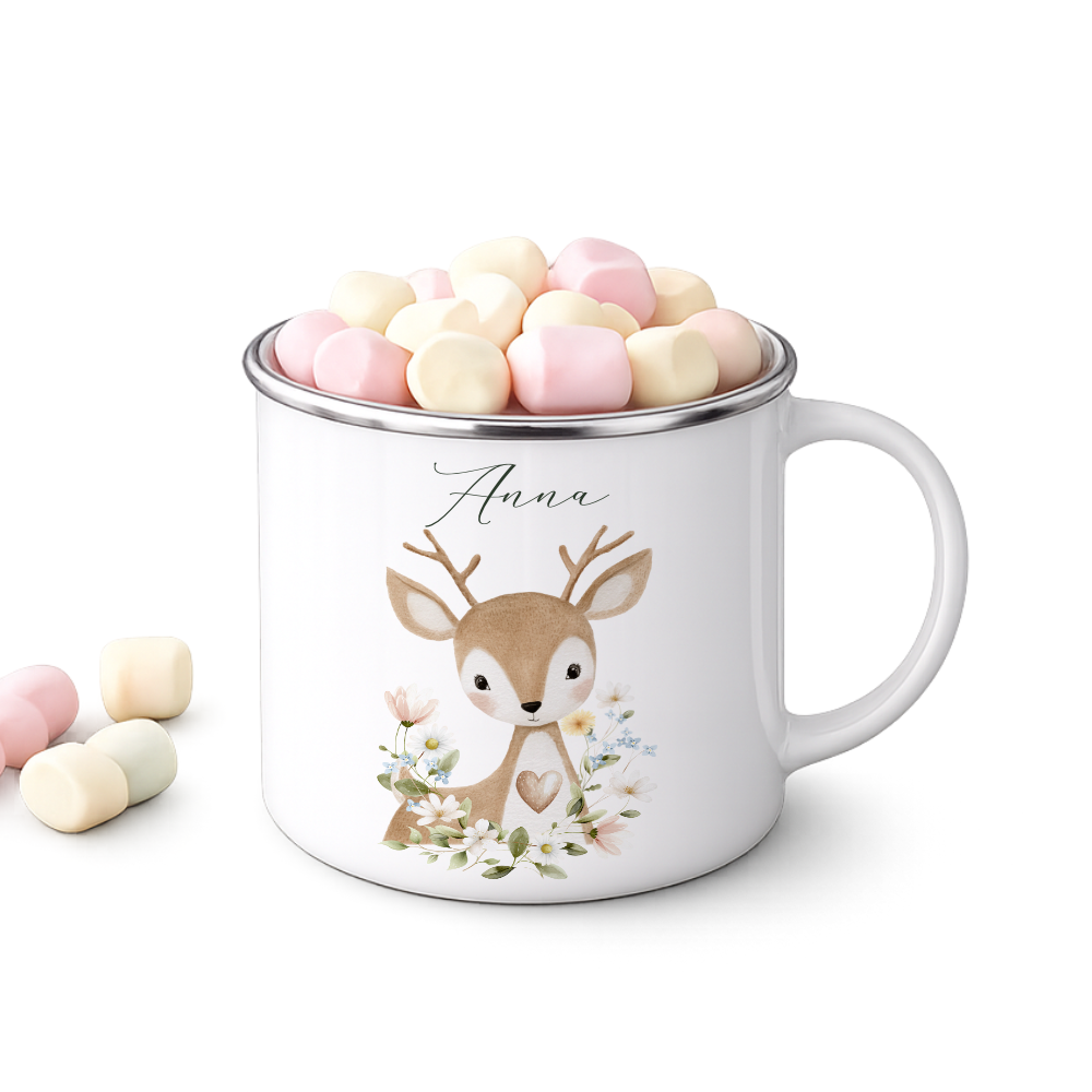 Personalisierte Emaille Tasse mit Namen – Süße Waldtiere Motive im Boho-Stil – Bruchsicherer Kinderbecher / Campingbecher 300ml