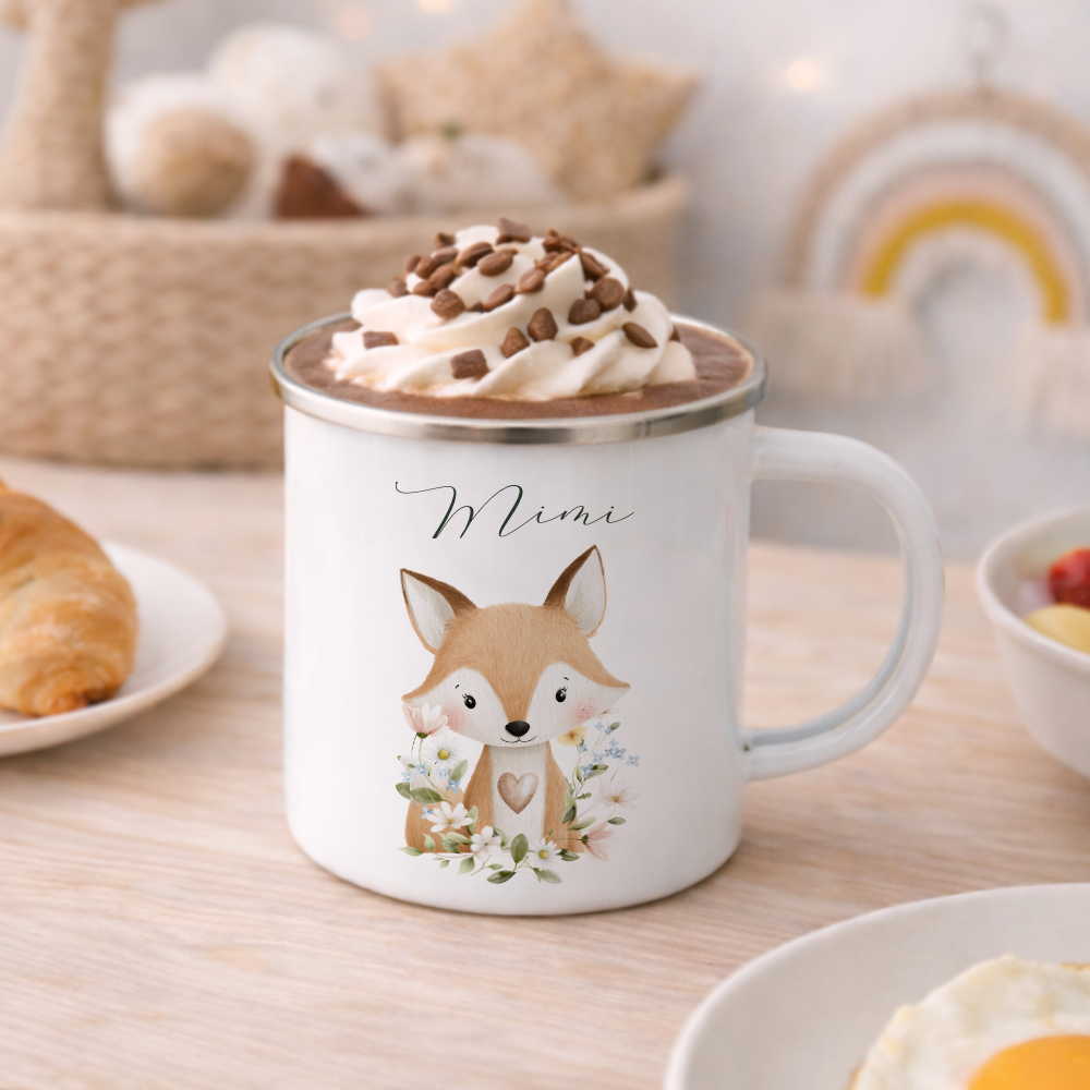 Personalisierte Emaille Tasse mit Namen – Süße Waldtiere Motive im Boho-Stil – Bruchsicherer Kinderbecher / Campingbecher 300ml