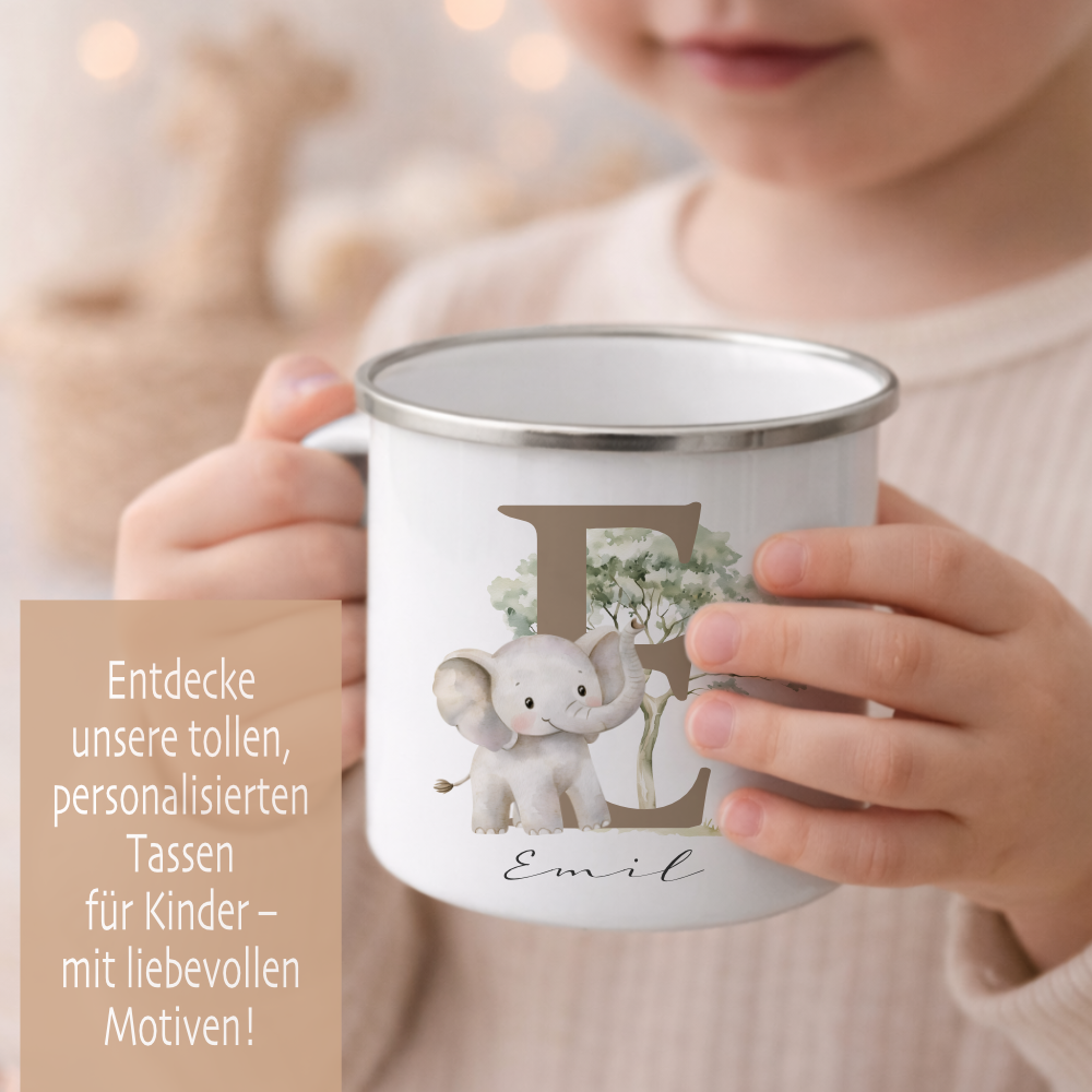 Personalisierte Emaille Tasse mit Namen & Buchstabe – Süße Safari Motive im Boho-Stil – Bruchsicherer Kinderbecher 300ml