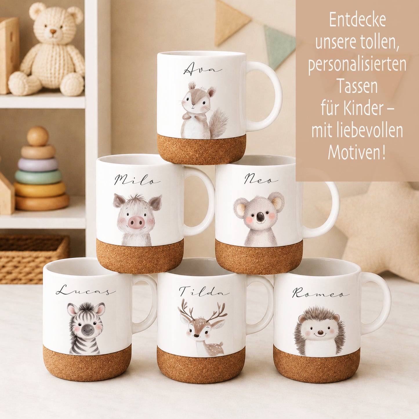 Personalisierte Kindertasse mit Name – Keramiktasse mit Korkboden & Deckel | 12 Tiermotive