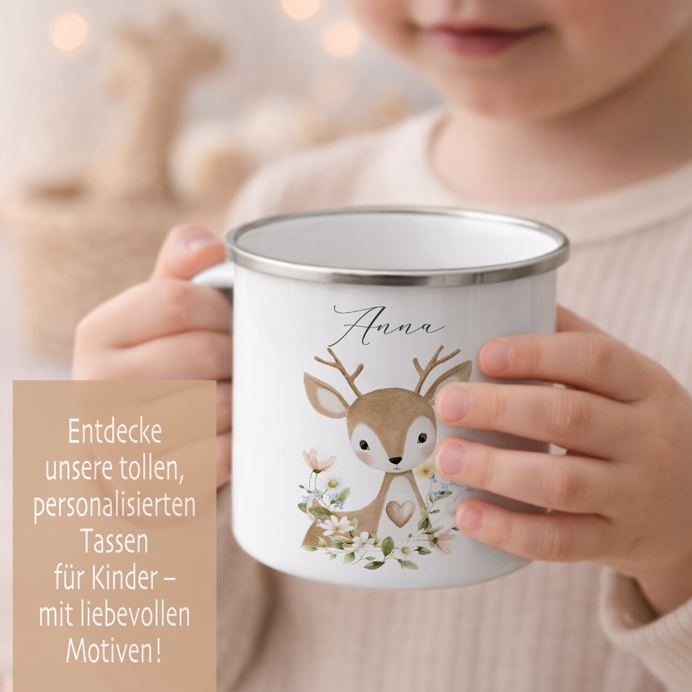 Personalisierte Emaille Tasse mit Namen – Süße Waldtiere Motive im Boho-Stil – Bruchsicherer Kinderbecher / Campingbecher 300ml