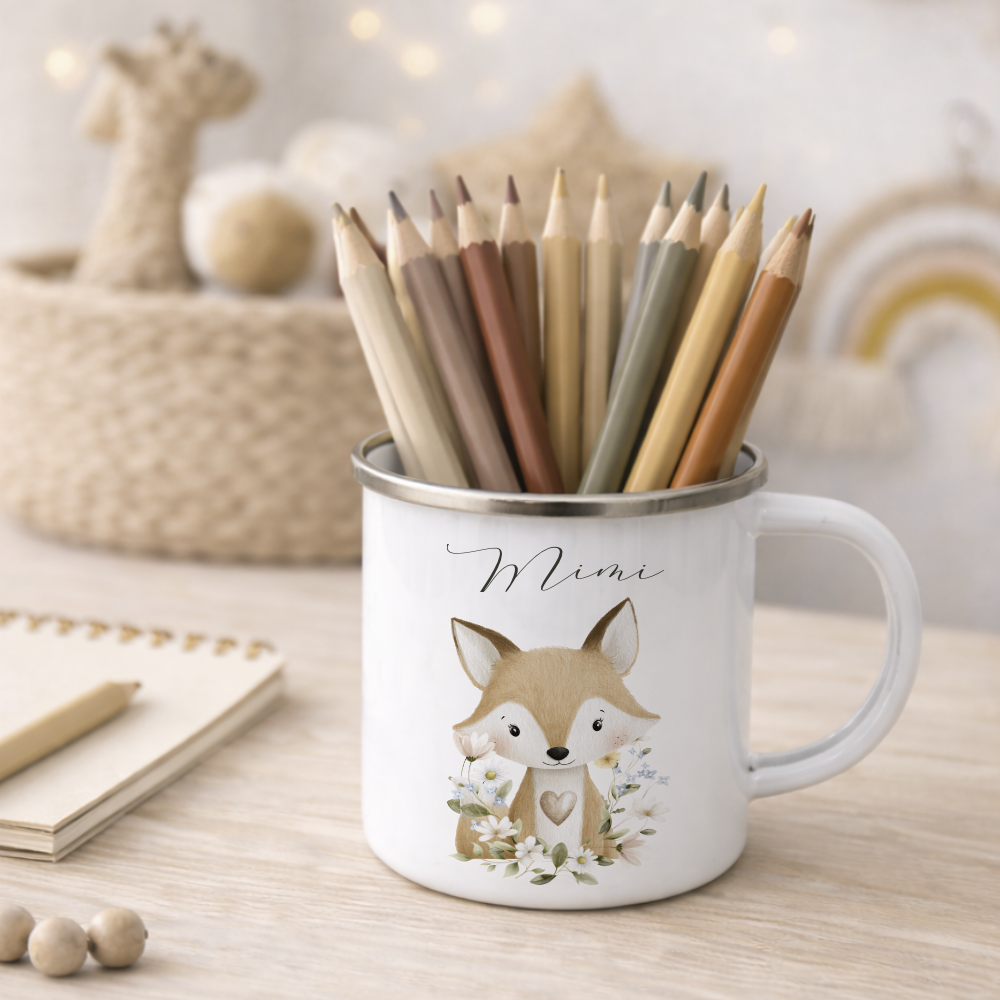 Personalisierte Emaille Tasse mit Namen – Süße Waldtiere Motive im Boho-Stil – Bruchsicherer Kinderbecher / Campingbecher 300ml