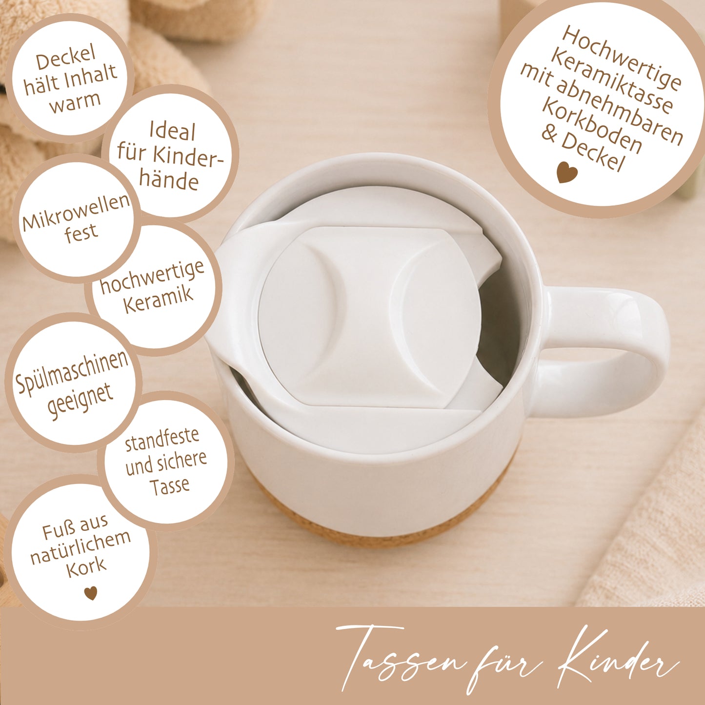 Personalisierte Kindertasse mit Name – Keramiktasse mit Korkboden & Deckel | 12 Tiermotive
