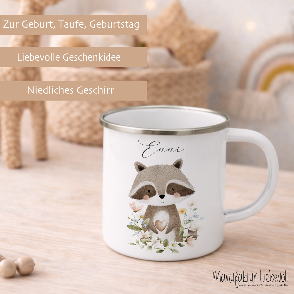 Personalisierte Emaille Tasse mit Namen – Süße Waldtiere Motive im Boho-Stil – Bruchsicherer Kinderbecher / Campingbecher 300ml