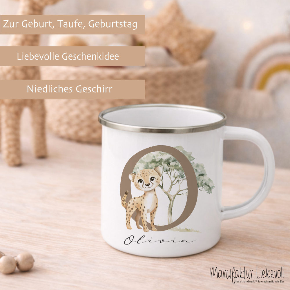 Personalisierte Emaille Tasse mit Namen & Buchstabe – Süße Safari Motive im Boho-Stil – Bruchsicherer Kinderbecher 300ml