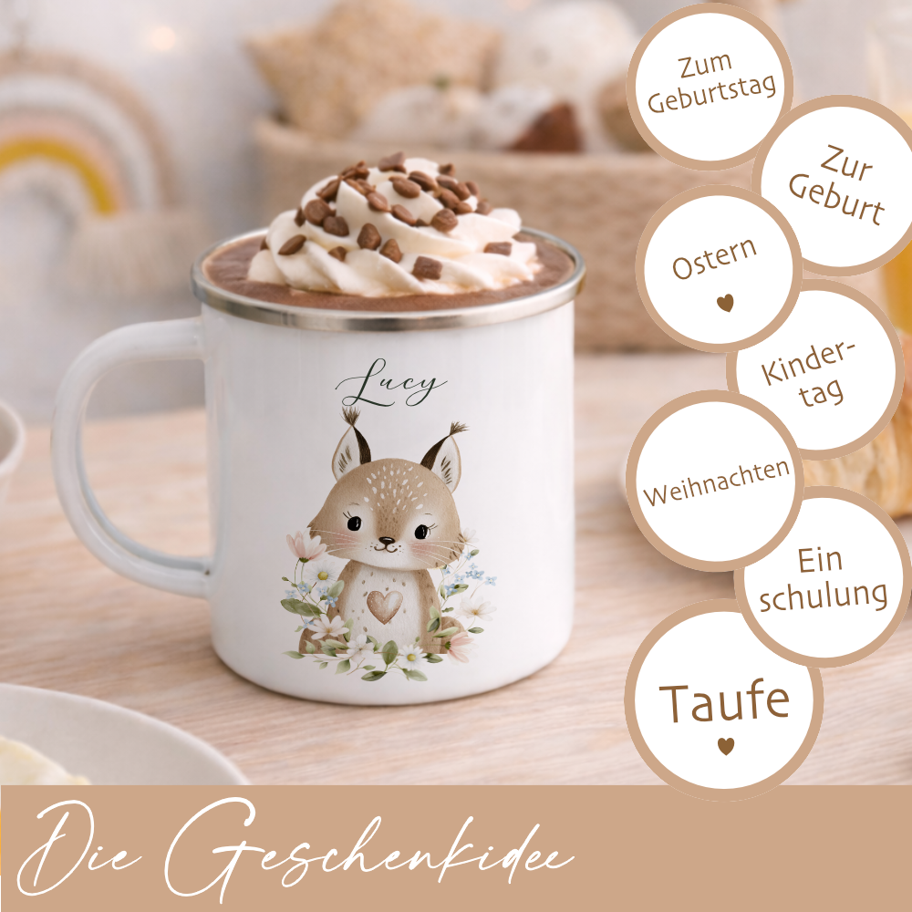 Personalisierte Emaille Tasse mit Namen – Süße Waldtiere Motive im Boho-Stil – Bruchsicherer Kinderbecher / Campingbecher 300ml