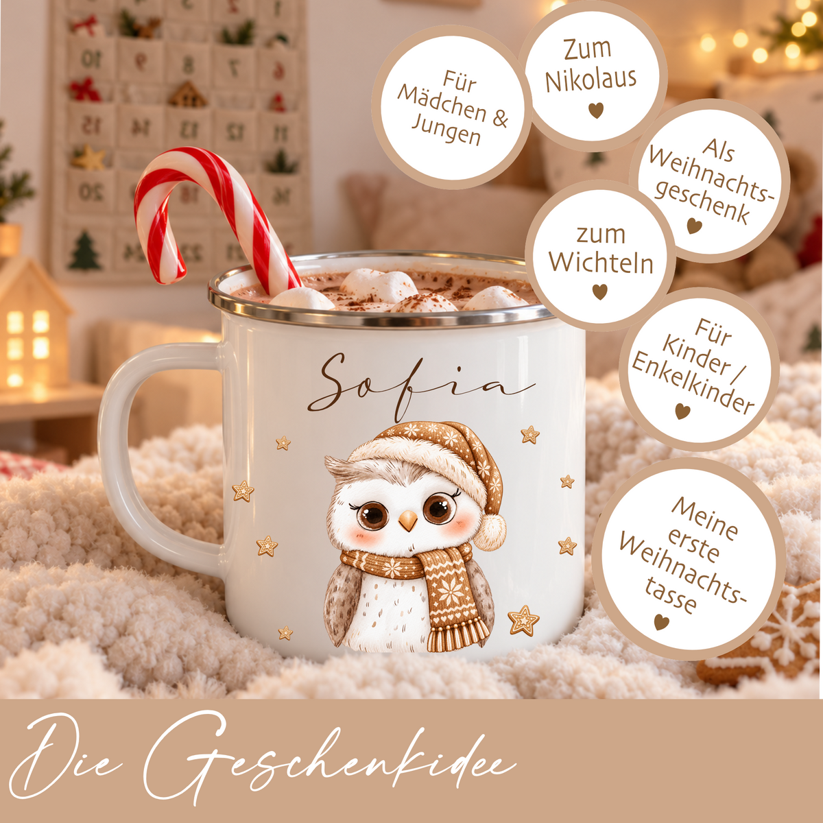 Kindertasse mit Namen Weihnachten, Emaille Tasse personalisiert I Nikolausgeschenk Kinder I Weihnachtstasse Mädchen Jungen I 6 Tiermotive