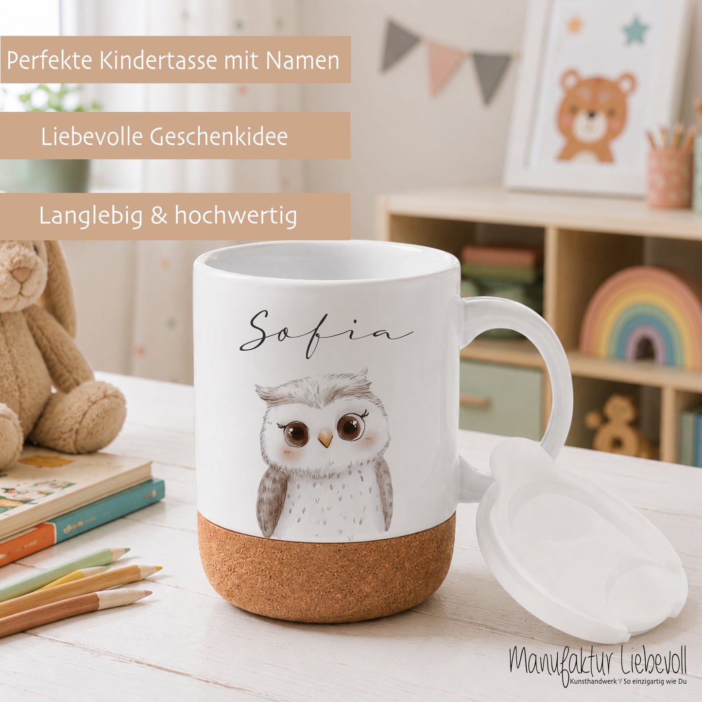 Personalisierte Kindertasse mit Name – Keramiktasse mit Korkboden & Deckel | 12 Tiermotive