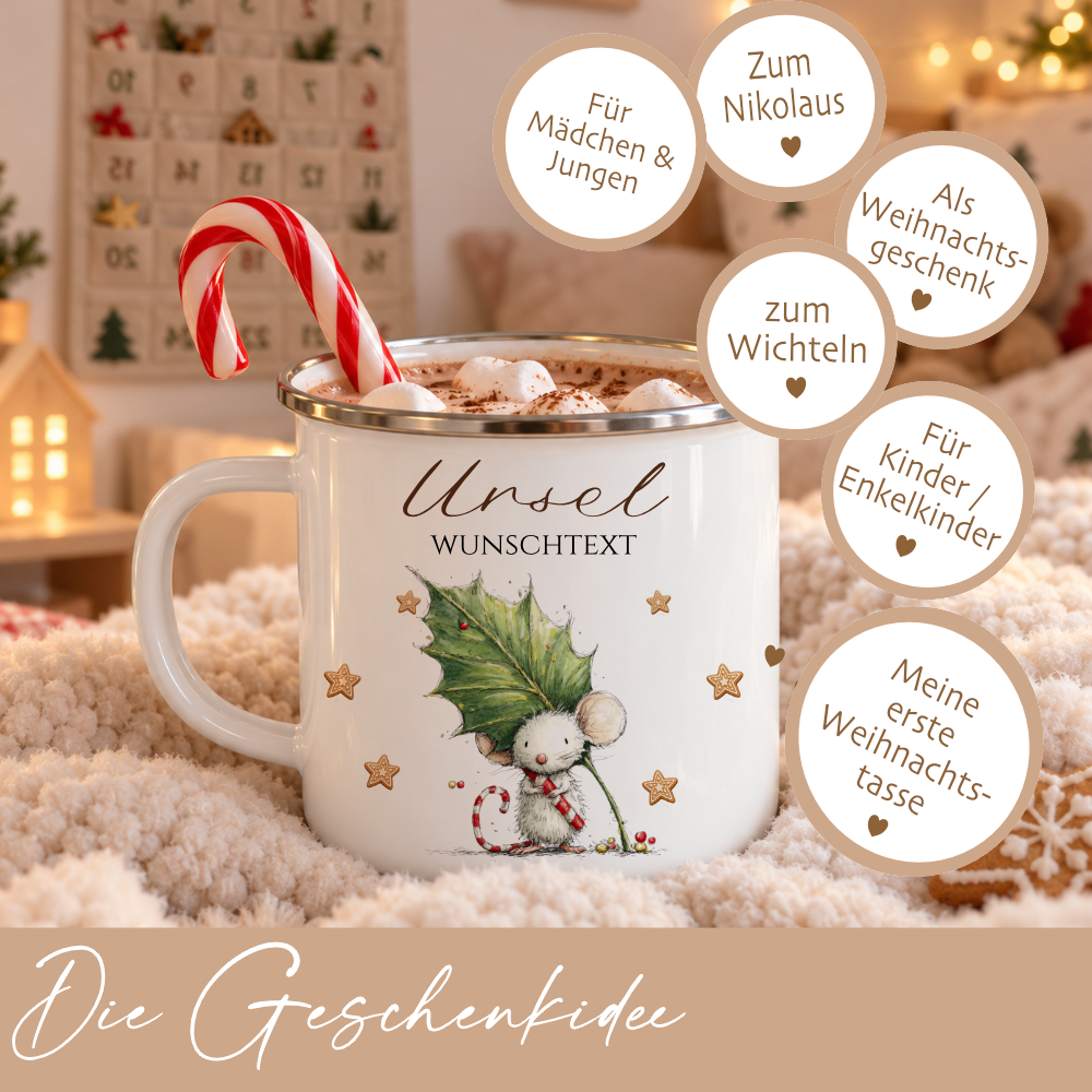 Emaille Tasse personalisiert mit Namen – 4 süße Weihnachtsmäuse