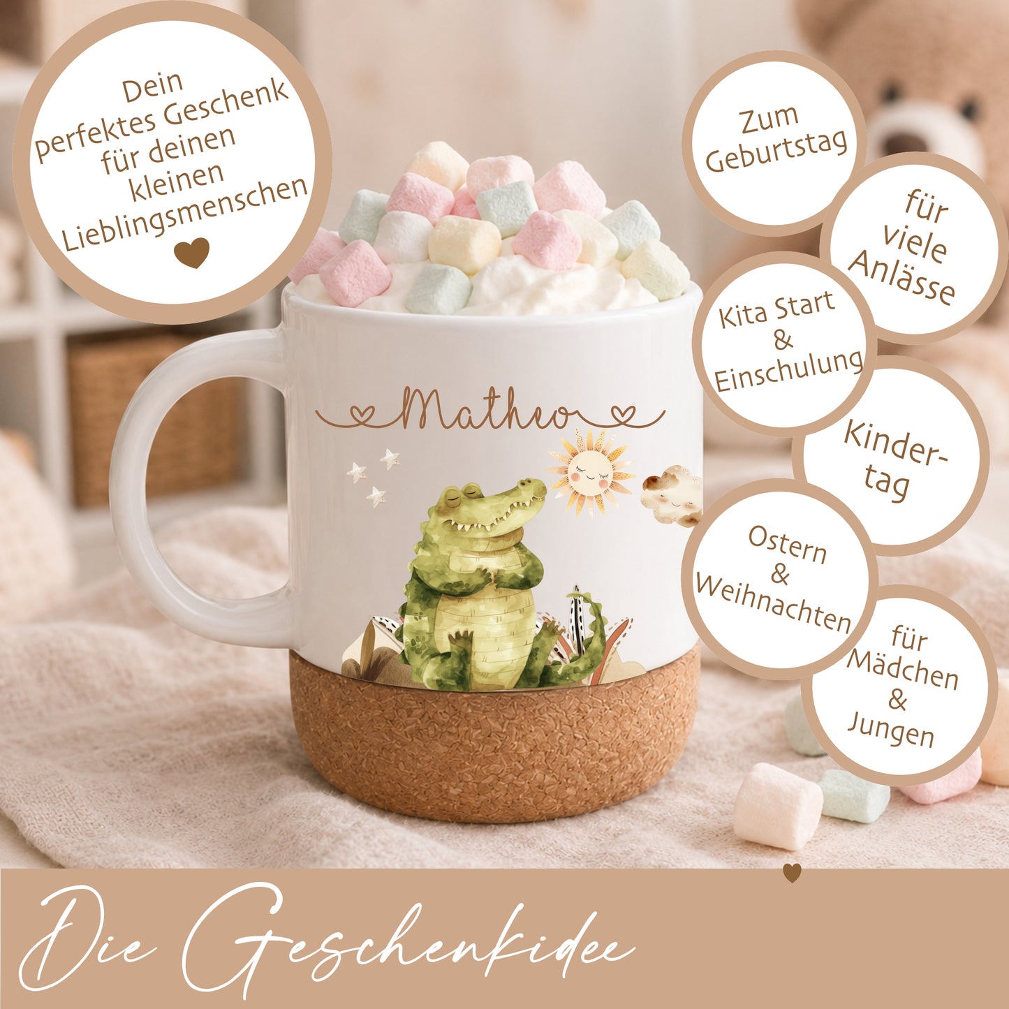 Personalisierte Kindertasse mit Namen – Keramiktasse mit Korkboden & Deckel | 14 Motive zur Auswahl