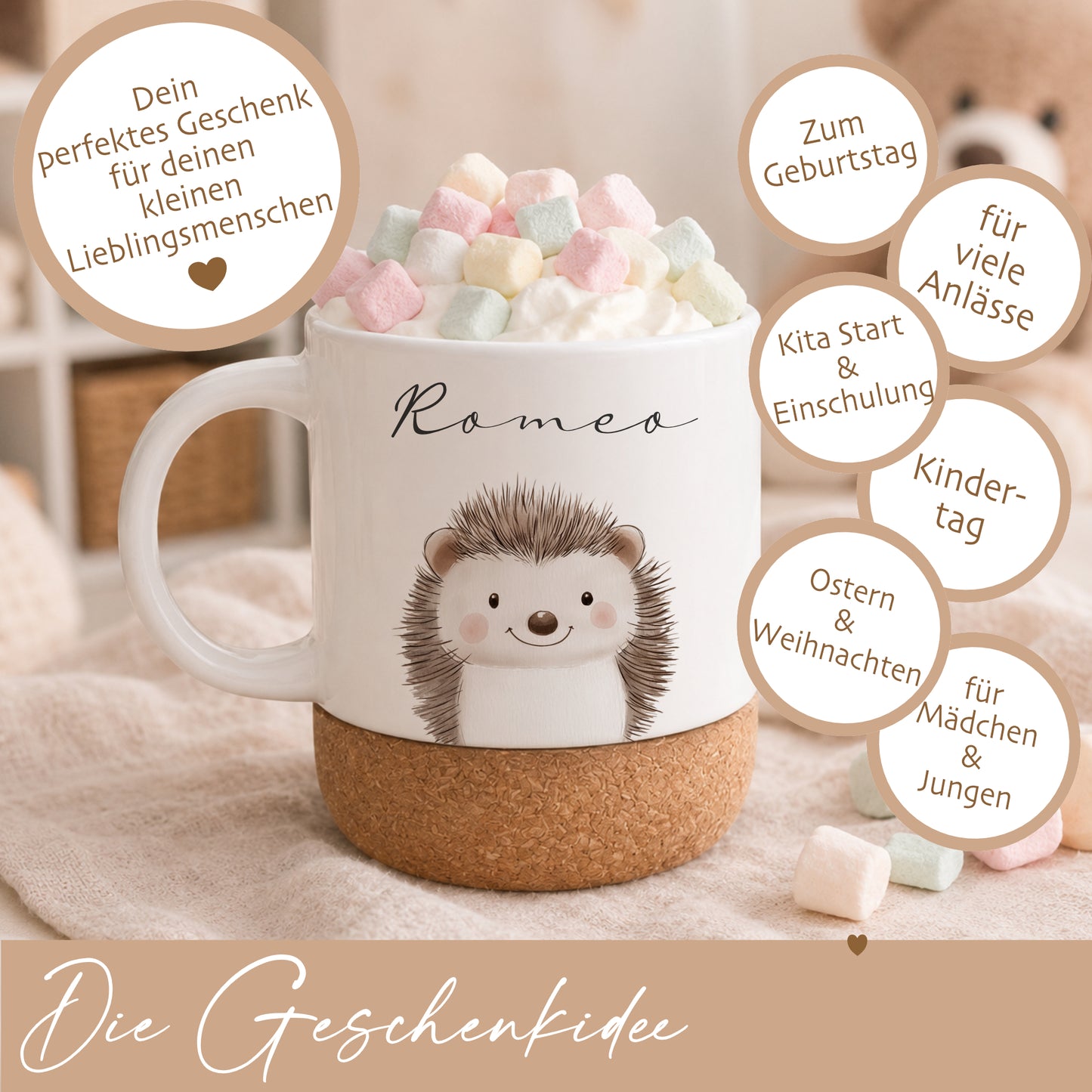 Personalisierte Kindertasse mit Name – Keramiktasse mit Korkboden & Deckel | 12 Tiermotive