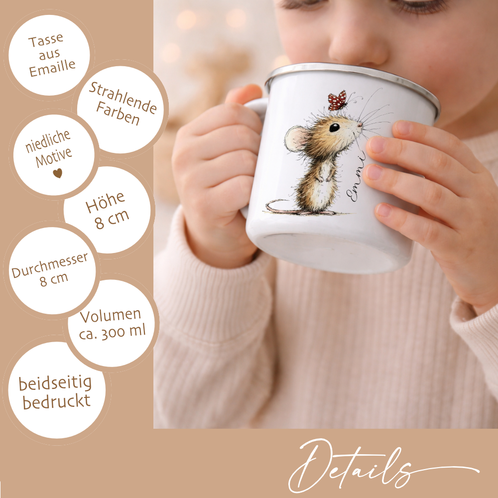 Personalisierte Emaille Tasse für Kinder mit Namen – Süße Maus Motive im Boho-Stil