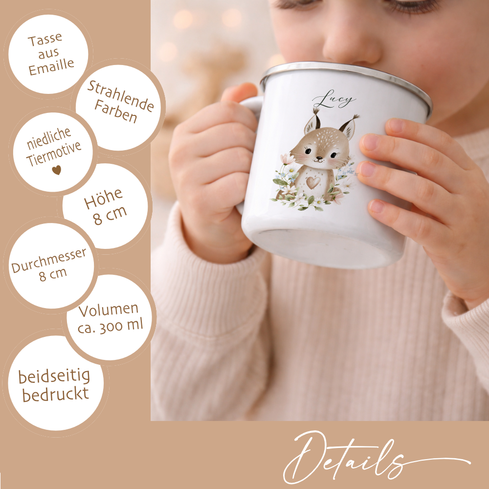 Personalisierte Emaille Tasse mit Namen – Süße Waldtiere Motive im Boho-Stil – Bruchsicherer Kinderbecher / Campingbecher 300ml
