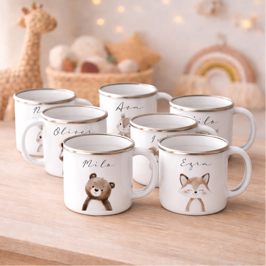Personalisierte Kinder Emaille-Tasse mit Namen – Niedliche Tiermotive | Geschenk zur Geburt, Taufe oder Geburtstag