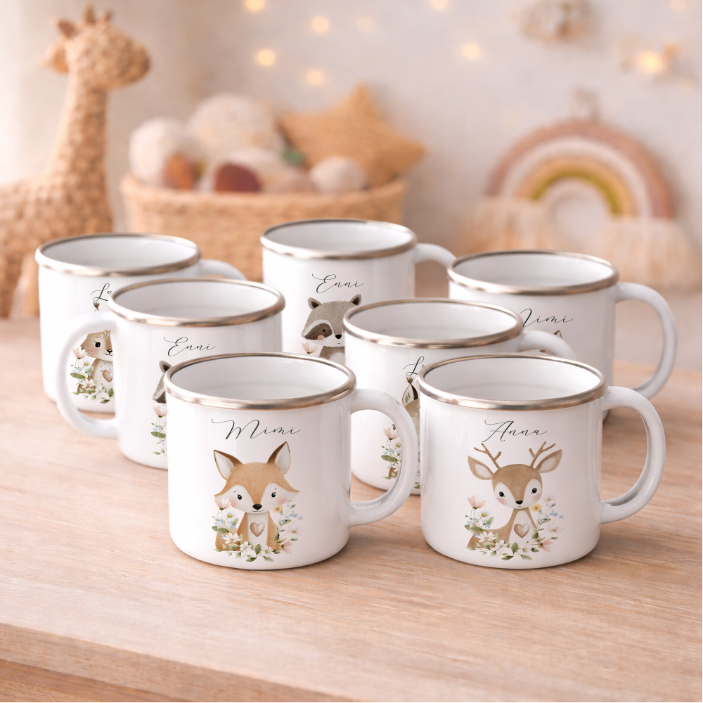 Personalisierte Emaille Tasse mit Namen – Süße Waldtiere Motive im Boho-Stil – Bruchsicherer Kinderbecher / Campingbecher 300ml