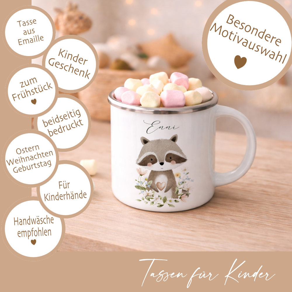 Personalisierte Emaille Tasse mit Namen – Süße Waldtiere Motive im Boho-Stil – Bruchsicherer Kinderbecher / Campingbecher 300ml