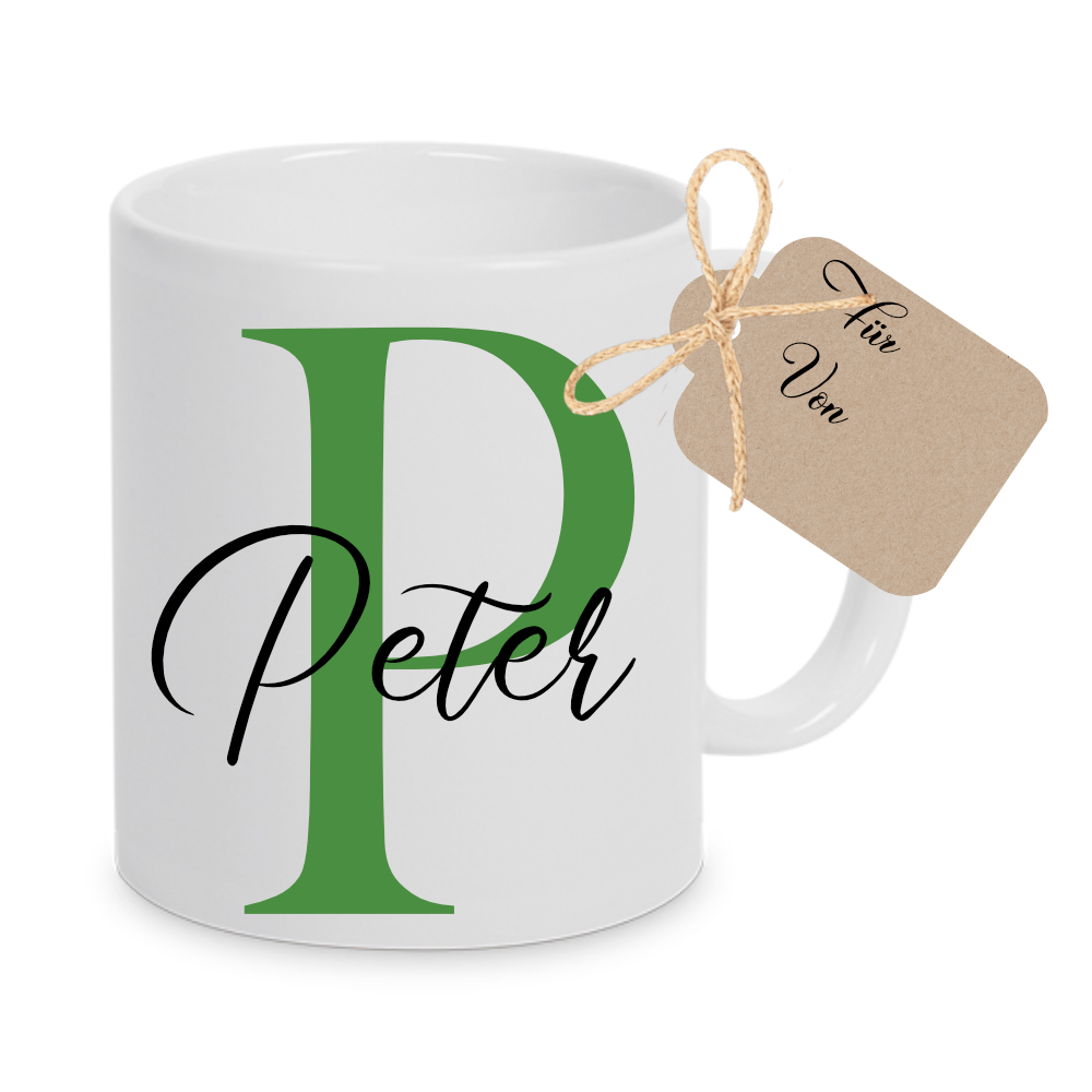 Tasse mit Name und Buchstabe Initiale Monogramm personalisiert mit Namen und Buchstabe als Buchstabentasse weiß Keramik