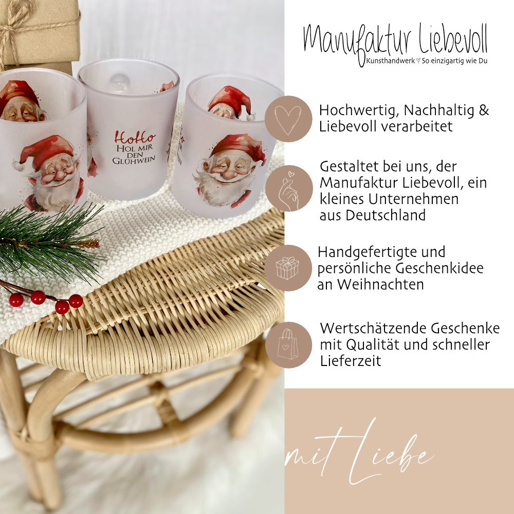 Lustige Glühweintasse aus Glas mit Spruch und Weihnachtsmännern