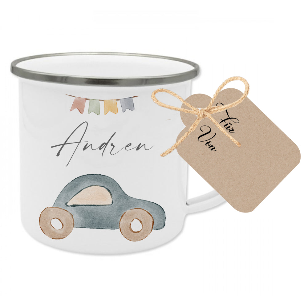 Personalisierte Kindertasse aus Emaille mit einem Auto