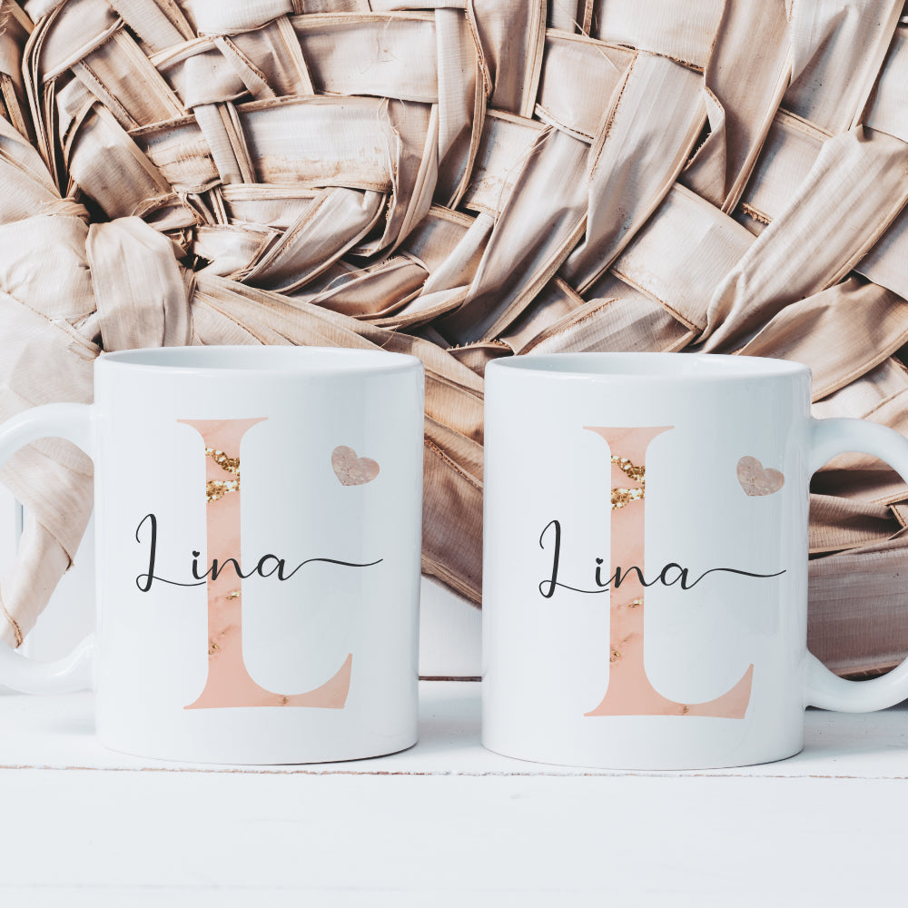 Tasse mit Buchstabe und Name für Sie und Ihn | Kaffeetasse aus Keramik | 2 Motivvarianten zur Auswahl