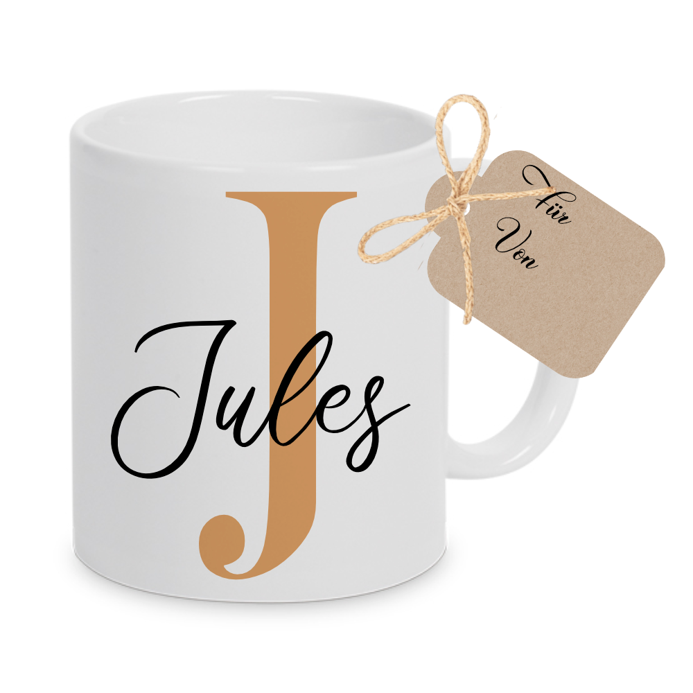 Tasse mit Name und Buchstabe Initiale Monogramm personalisiert mit Namen und Buchstabe als Buchstabentasse weiß Keramik