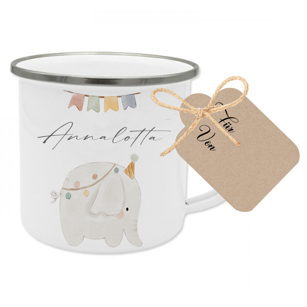 Personalisierte Kindertasse aus Emaille mit Elefant