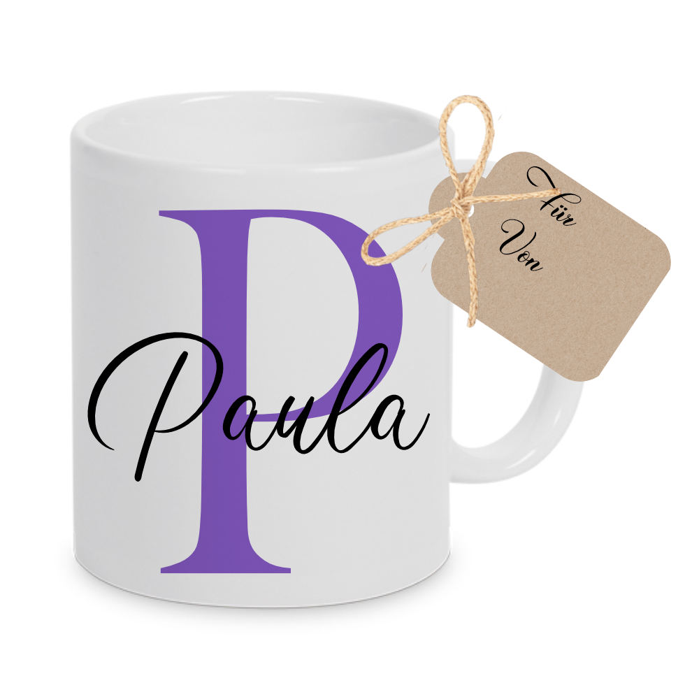 Tasse mit Name und Buchstabe Initiale Monogramm personalisiert mit Namen und Buchstabe als Buchstabentasse weiß Keramik