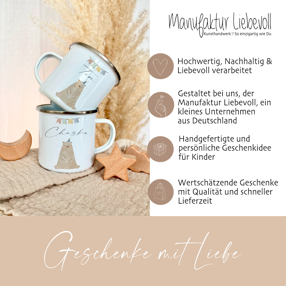 Personalisierte Kindertasse aus Emaille mit Bär