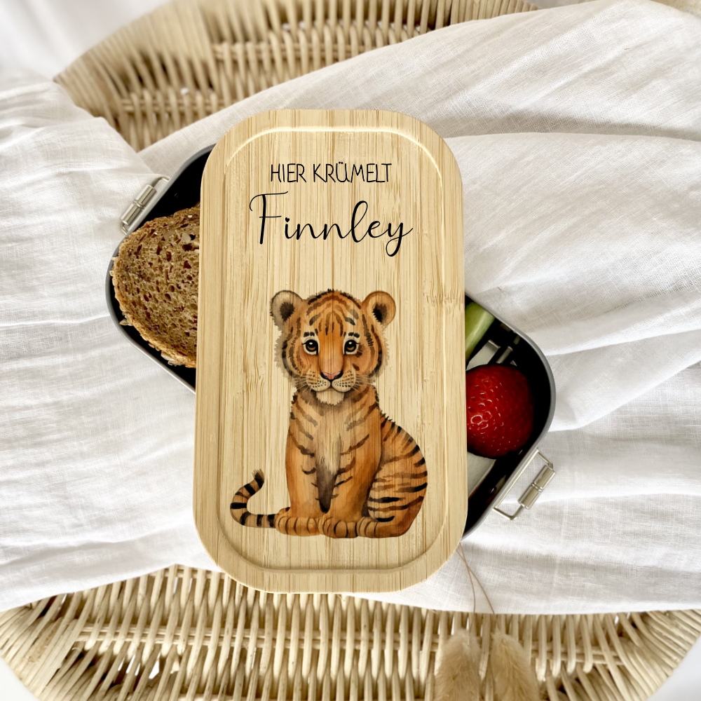 brotdose "Tiger" wählbar in Edelstahl mit Bambusdeckel und Namen für Kinder | Brotdose mit Tiger | Personalisiertes Geschenk für Kinder