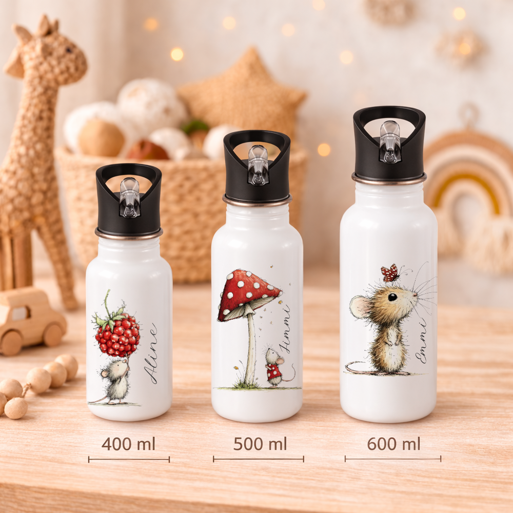 Personalisierte Edelstahl-Trinkflasche mit Strohhalm – Süße Maus-Motive & Wunschname – 400ml / 500ml / 600ml