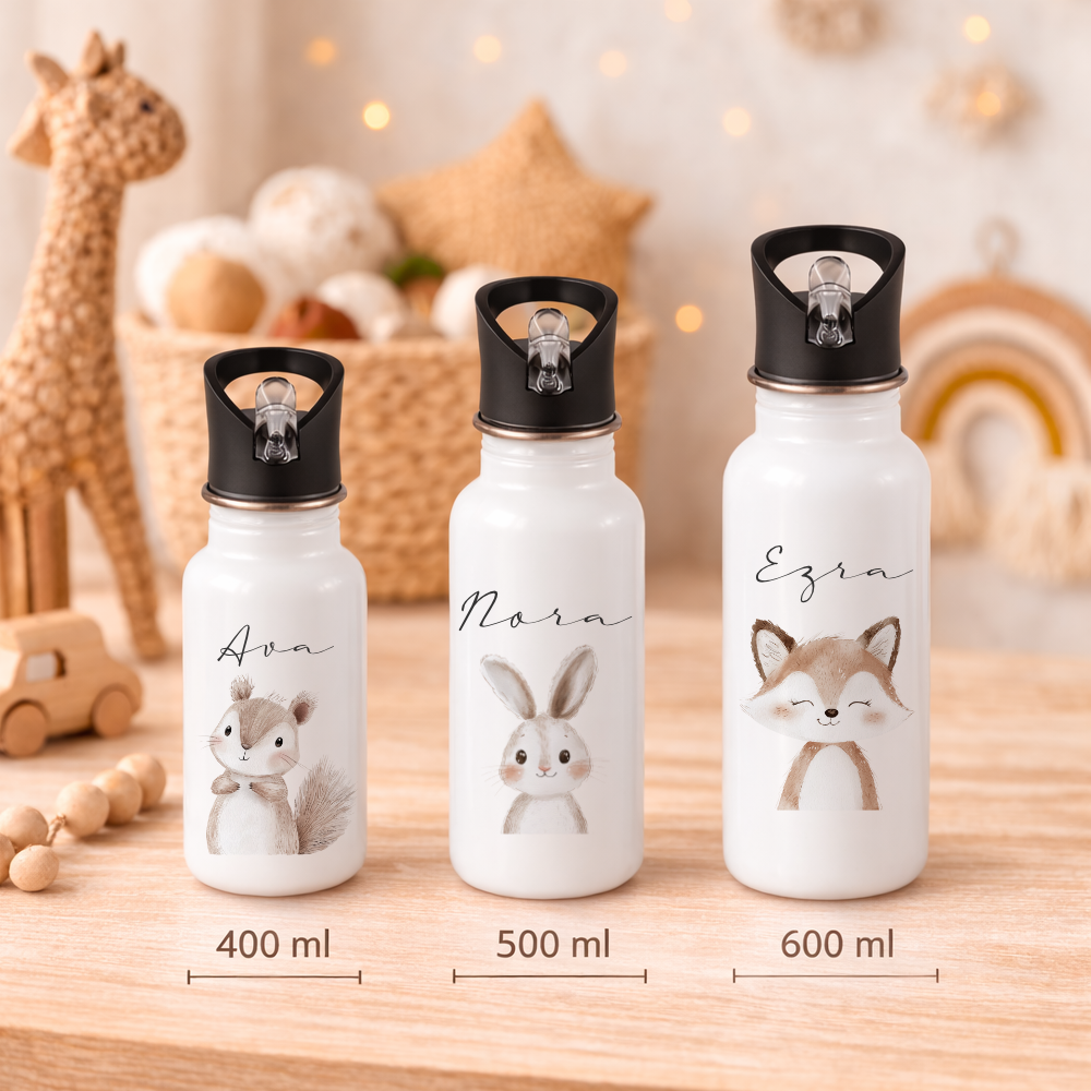 Personalisierte Kinder Trinkflasche mit Name – Edelstahl Trinkflasche mit Strohhalm 400ml / 500ml / 600ml – Tiermotiv für Kita & Schule