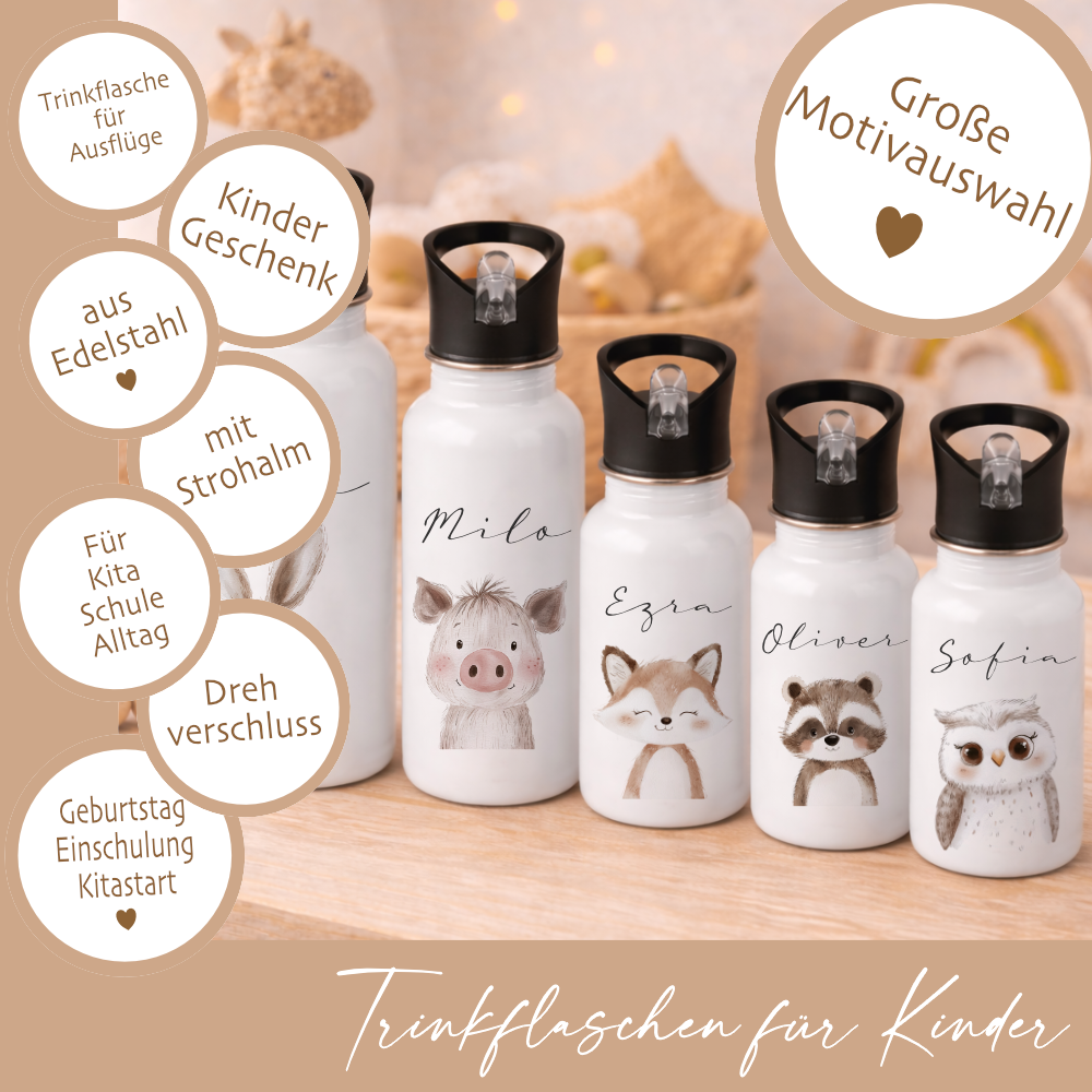 Personalisierte Kinder Trinkflasche mit Name – Edelstahl Trinkflasche mit Strohhalm 400ml / 500ml / 600ml – Tiermotiv für Kita & Schule