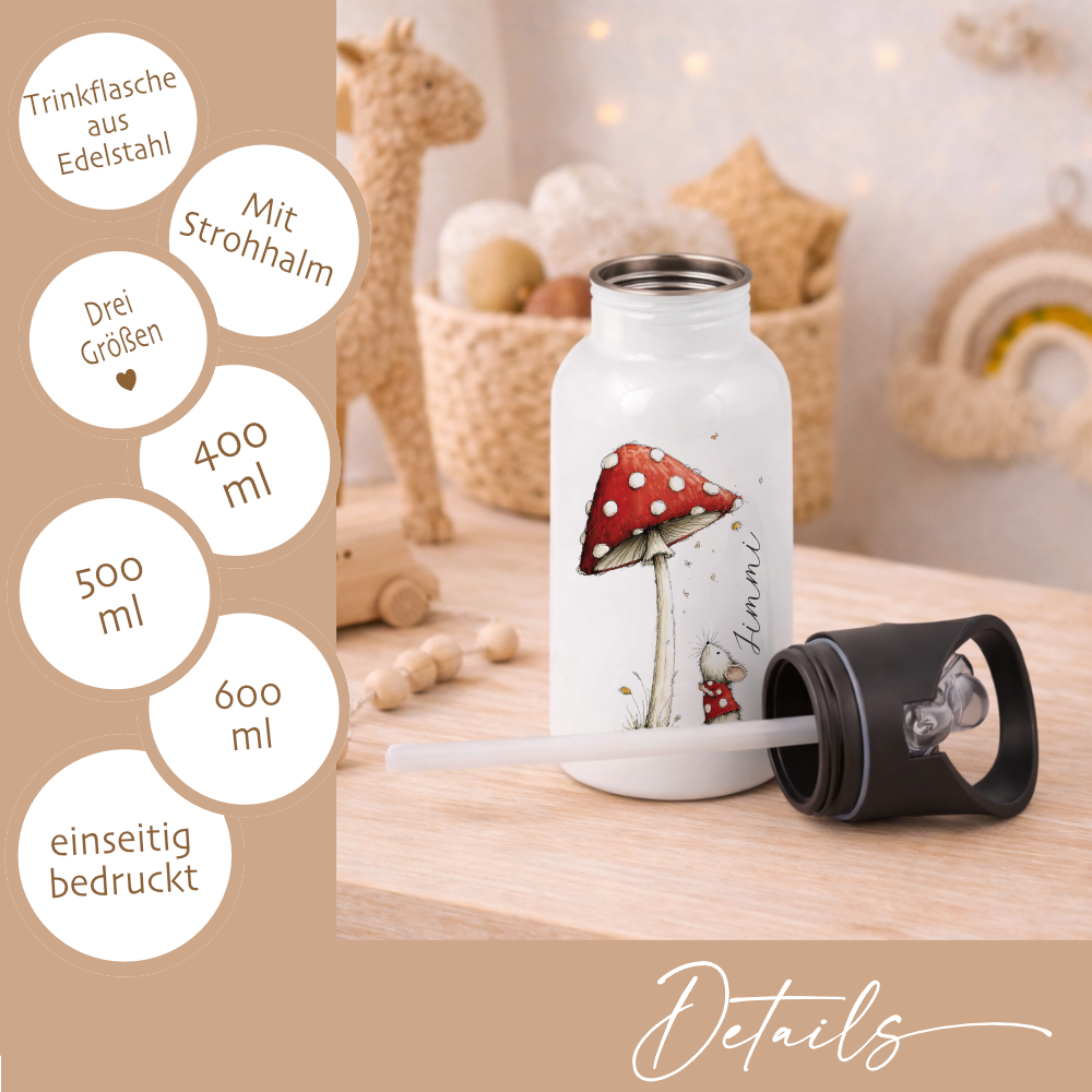 Personalisierte Edelstahl-Trinkflasche mit Strohhalm – Süße Maus-Motive & Wunschname – 400ml / 500ml / 600ml