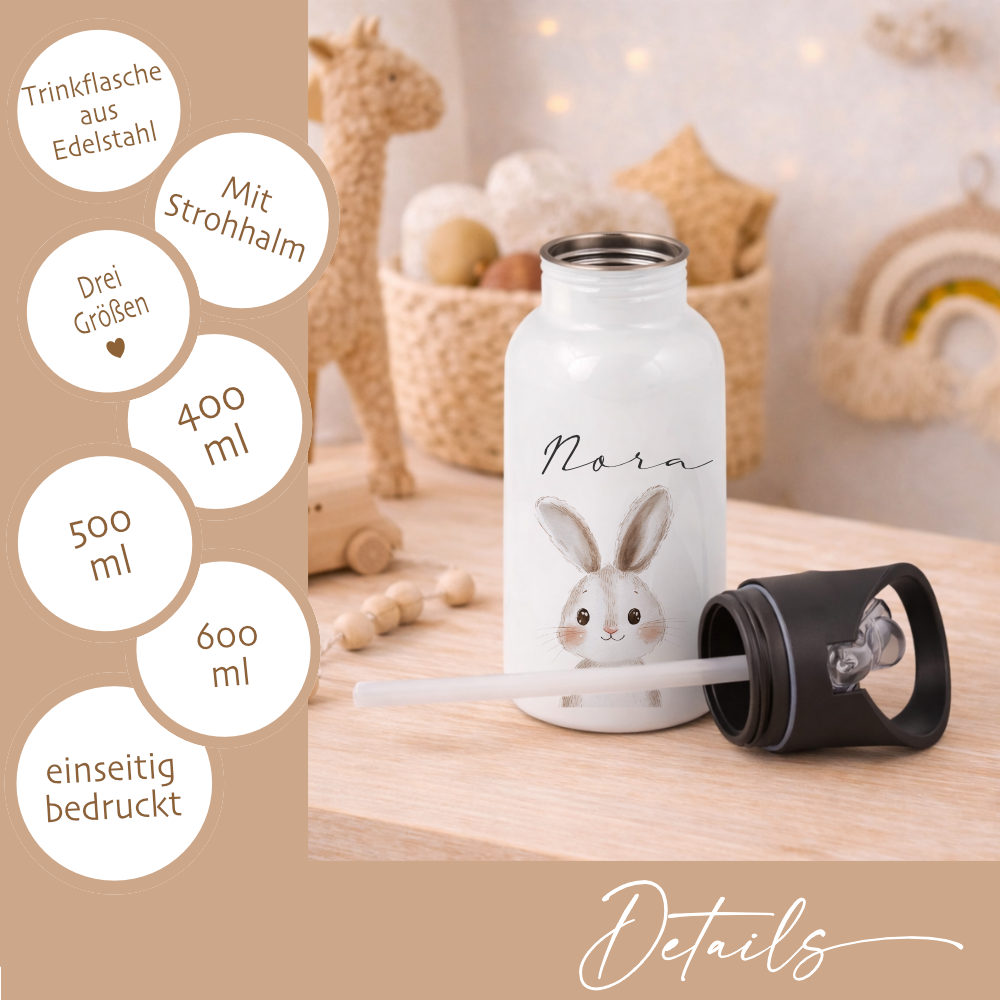 Personalisierte Kinder Trinkflasche mit Name – Edelstahl Trinkflasche mit Strohhalm 400ml / 500ml / 600ml – Tiermotiv für Kita & Schule