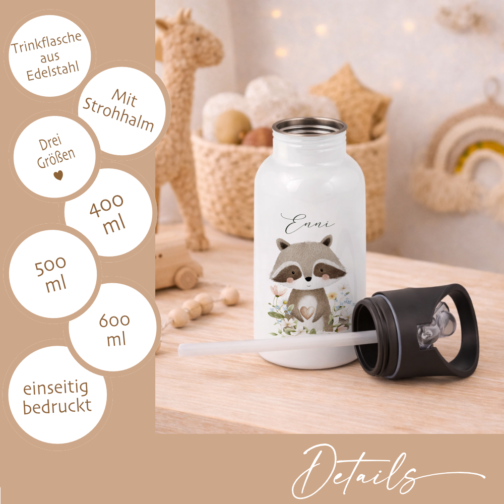 Personalisierte Edelstahl Trinkflasche mit Namen – Süße Waldtiere Motive im Boho-Stil – Kinderflasche mit Strohhalm in 3 Größen