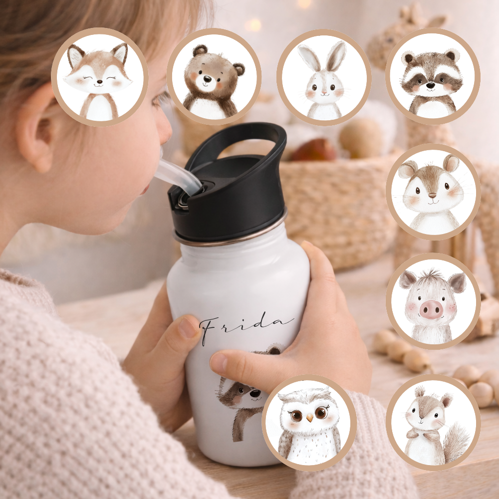 Personalisierte Kinder Trinkflasche mit Name – Edelstahl Trinkflasche mit Strohhalm 400ml / 500ml / 600ml – Tiermotiv für Kita & Schule