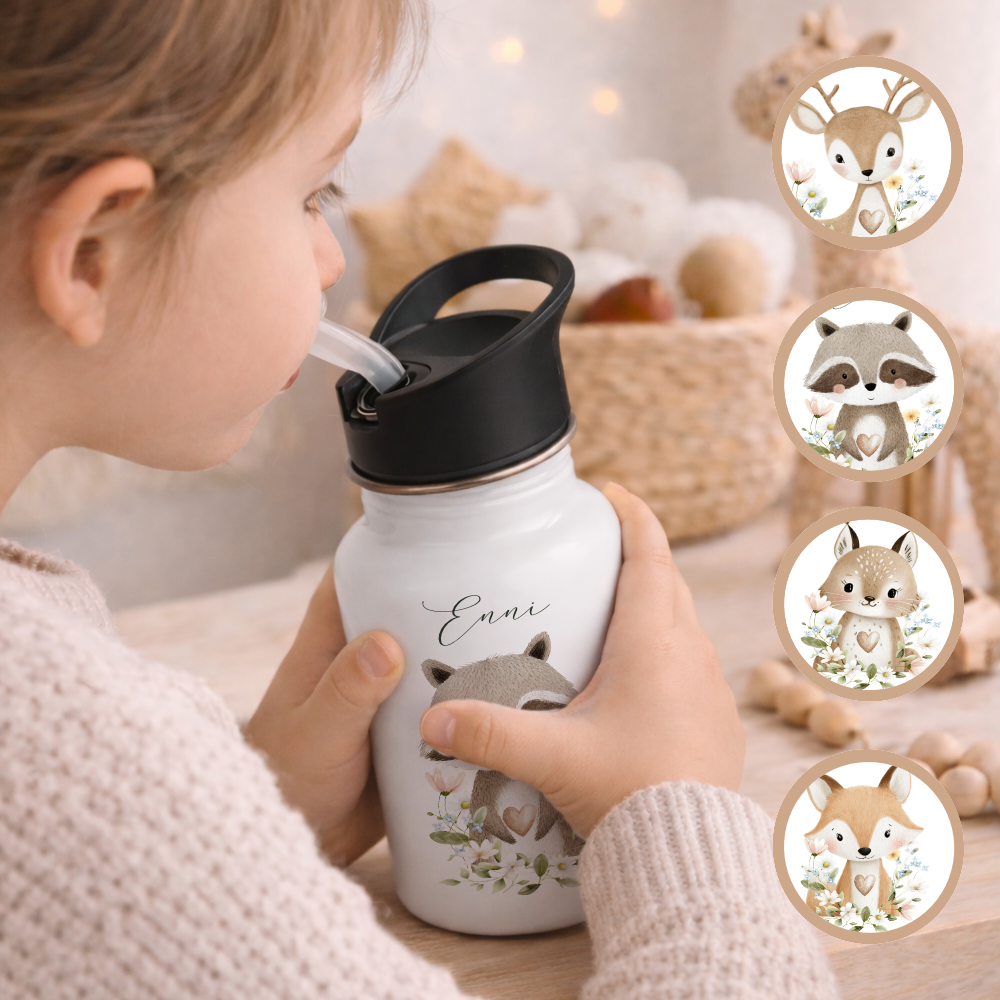 Personalisierte Edelstahl Trinkflasche mit Namen – Süße Waldtiere Motive im Boho-Stil – Kinderflasche mit Strohhalm in 3 Größen
