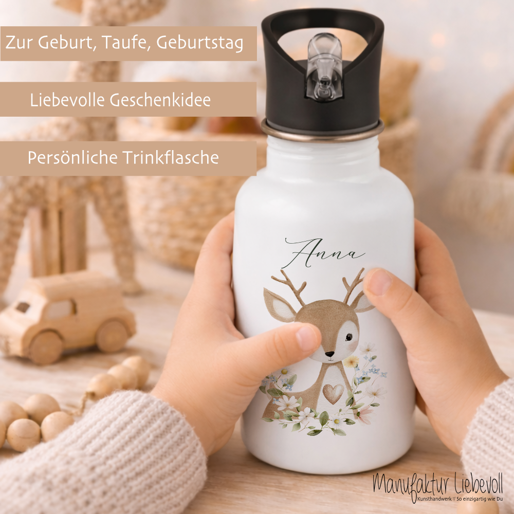 Personalisierte Edelstahl Trinkflasche mit Namen – Süße Waldtiere Motive im Boho-Stil – Kinderflasche mit Strohhalm in 3 Größen
