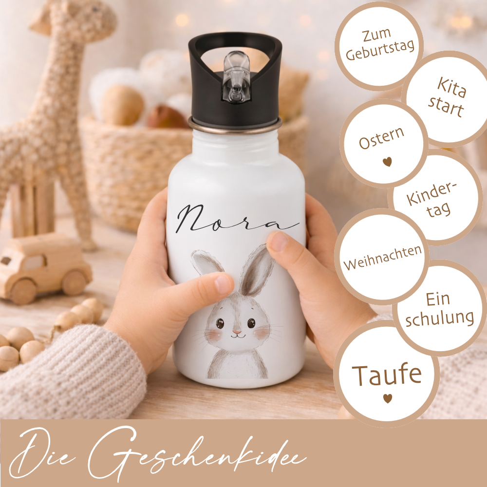 Personalisierte Kinder Trinkflasche mit Name – Edelstahl Trinkflasche mit Strohhalm 400ml / 500ml / 600ml – Tiermotiv für Kita & Schule