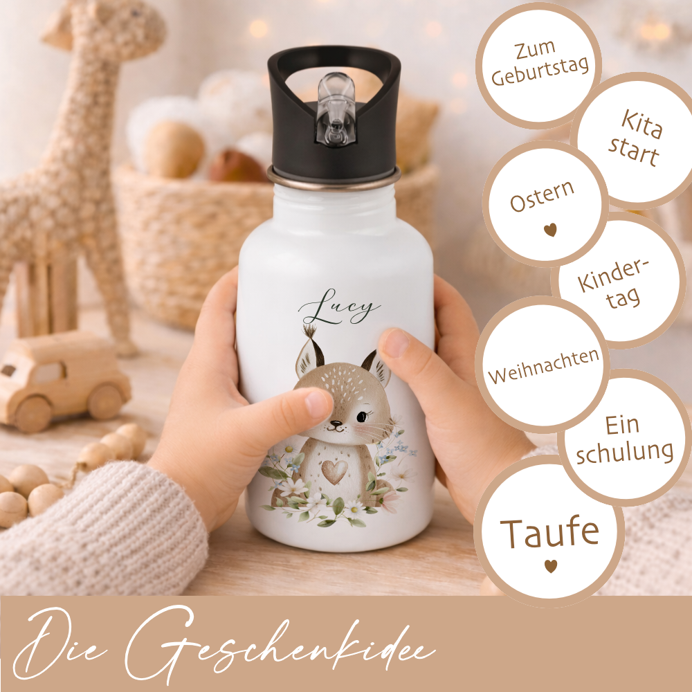 Personalisierte Edelstahl Trinkflasche mit Namen – Süße Waldtiere Motive im Boho-Stil – Kinderflasche mit Strohhalm in 3 Größen